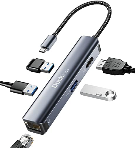 USB C Hub Ethernet, Dockteck 5-in-1 Multiport Adapter with USB C to 4K HDMI,1Gbps LAN, 3 USB 3.0, for MacBook Air/Pro, iPad Air/Pro, Surface Pro, XPS and More