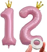 KEYYOOMY 40 in Big Number 12 Mylar Balloons with Crown (Number 12, 40 in, Pink Color)