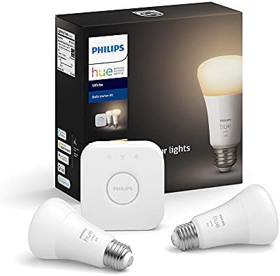 Philips Hue 2-Pack White A19 Dimmable Smart Bulb Starter Kit with Hub (Voice Compatible with Amazon Alexa, Apple Homekit and Google Home), 9.5W