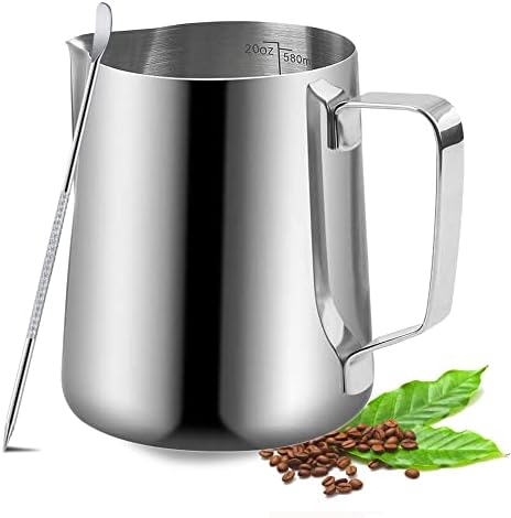 Milk Frothing Pitcher - 350ml/600ml Milk Frother Cup Stainless Steel Jug Steaming Pitcher, (12oz/20oz/) Milk Coffee Cappuccino Latte Art Barista Steam Pitchers Milk Jug Cup with Decorating Pen