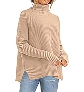 ANRABESS Womens 2022 Fall Sweaters Turtleneck Long Batwing Sleeve Spilt Hem Pullover Knit Sweater...