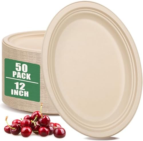 50 Pack Oval Paper Plates,100% Compostable Paper Plates,12 inch Paper Plates Heavy Duty,Disposable Paper Plates,Natural Bagasse Unbleached Eco-Friendly Sugarcane Plates for BBQ Party Picnic Gathering