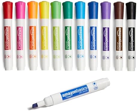 Amazon Basics Low-Odor Chisel Tip Dry Erase Whiteboard Marker, Pack of 12, Assorted Colors