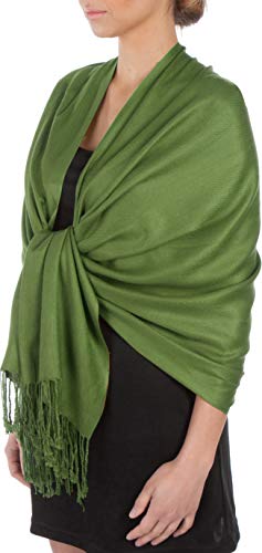 Sakkas Large Soft Silky Pashmina Shawl Wrap Scarf in Solid Colors - Olive Green