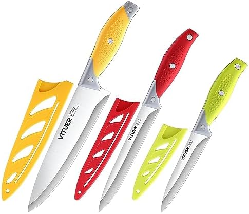 VITUER Chef Knife, 3PCS Kitchen Knife, Multicolor Stainless Steel Sharp Chef Knife Set, 8 Inch Chef's Knife, 4.5 Inch Utility Knife, 4 Inch Paring Knife (3Pack, Yellow, Red, Green)