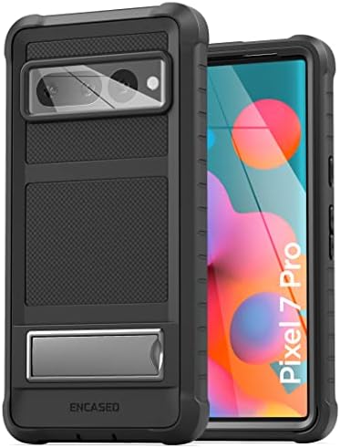 ENCASED Heavy-Duty Kickstand Case, Designed for Google Pixel 7 PRO [Ultra Protective] Full-Body Case with Metal Stand (Black)