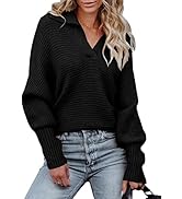 ANRABESS Women's 2022 Fall Sweater Batwing Long Sleeve Henley V Neck Ribbed Knit Casual Loose Pul...