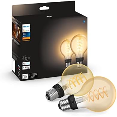 Philips Hue Smart 60W G25 Filament LED Bulb - Soft Warm White Light - 2 Pack - 550LM - E26 - Indoor - Control with Hue App - Compatible with Alexa, Google Assistant and Apple Homekit.