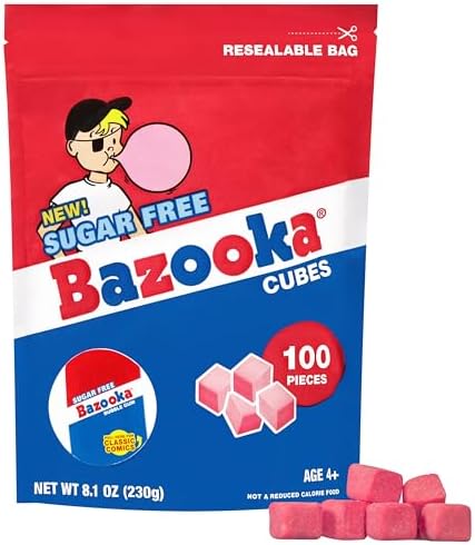 Bazooka New Sugar-Free Bubble Gum Cubes Bag - 100 Count Original Flavor, Resealable Stand-Up Pouch, Bulk Gum Perfect for Sharing, Ideal for Parties & Vintage Themes, Nostalgic Chewing Gum