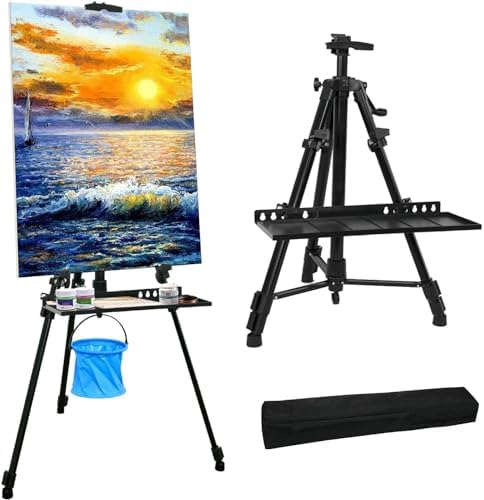 Newzealkids Artist Easel Stand Painting Stand Art Easel, 20" to 61" Art Easel for Painting Canvase & Displaying, Aluminum Adjustable Height Display Tripod with Portable Bag/Folding Keg/Apron.(Black)