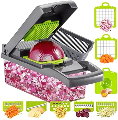 Ourokhome Vegetable Chopper Onion Cutter, 12 in 1 Professional Mandoline Slicer for Kitchen, Multifunctional Food Chopper for Potato, Tomato, Veggie with Strainer Basket, 8 Blades, Gray