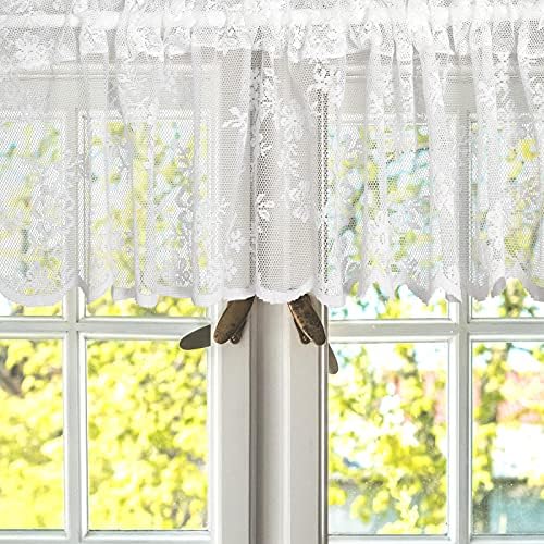 Rod Pocket Lace Sheer Valance Curtain White Mesh Window Kitchen Valance Embroidery Floral Voile Curtain forKitchen Cafe Dinning Bath Room, 2 Pcs, 60 x 12 Inches