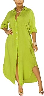 qfmqkpi Women's Solid Color 3/4 Rolled-Up Sleeve Shirts Dress Buttons Down Side Slit Maxi Dresses