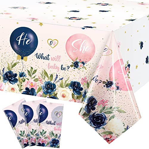 3 Pieces Gender Reveal Tablecloths Boy or Girl Table Cover Balloons and Floral Print Plastic Tablecloth Navy and Pink Table Cover for He or She Baby Shower Gender Reveal Party Decorations Supplies