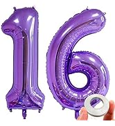 KEYYOOMY 40 in Number 16 Balloons Purple Color Large Number Foil Mylar Balloons for 16th Jumbo Pu...