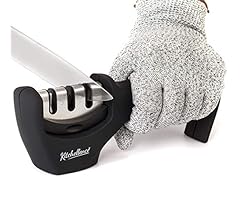 4-in-1 Kitchen Knife Accessories: 3-Stage Knife Sharpener Helps Repair, Restore, Polish Blades and Cut-Resistant Glove (Bla…