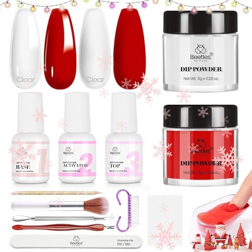 beetles Dip Powder Nail Kit Starter, Clear Red Dipping Powder Liquid Set with Base/Top Coat Activator Manicure Tools for French Nail