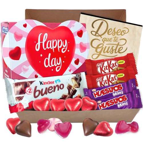 Cajita para Regalo con Chocolate Kinder Bueno, Bombones en forma de Corazon Rellenos, Kit Kat, Huesitos, Gominolas, y Mucho M