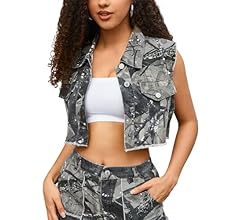 KGYA Women's Cropped Jacket, Camo Casual Distressed Denim Vest Sleeveless Crop Top Jean Jacket for Lady