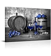 RyounoArt Wine Decor Kitchen Canvas Art Blue Wine and Grape Painting Printed Black White and Blue...