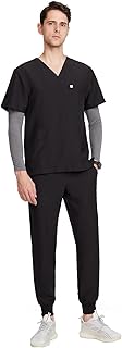 Uniforms World Louis Scrubs Set for Men — Classic V-Neck Stretch Top & Jogger Pants Yoga Waistband, 8 Pockets