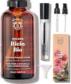 Bionoble Huile de Ricin Bio 50ml + Kit Mascara, Pipette et Pompe - Bouteille en Verre - 100% Pure, Naturelle, 