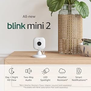 All-new Blink Mini 2 — Plug-in smart security camera, HD night view in color, built-in spotlight, two-way audio, motion detection, Works with Alexa (White)