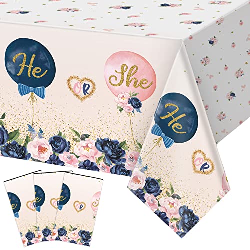 3 Pack Gender Reveal Plastic He or She Tablecloths Navy Blue and Blush Pink Table Cover Gender Reveal Table Decorations Gender Reveal Table Cloth Boy or Girl Tablecloth for Baby Shower, 8.99 x 4.49 Ft