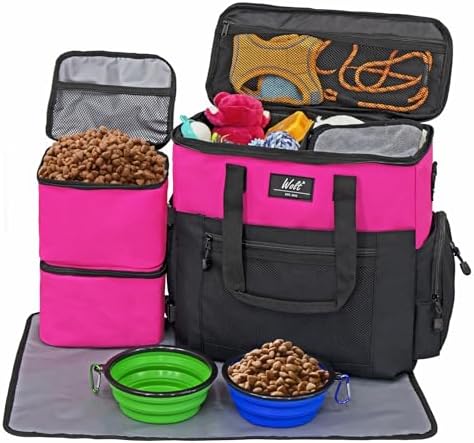 WOLT | Pet Travel Bag Kit for Dog Carrier & Travel, Includes 2 Food Containers + 2 Collapsible Bowls + 1 Placemat, Airline Approved Organizer for Pet Supplies Essentials Camping, Hiking, Weekend Away