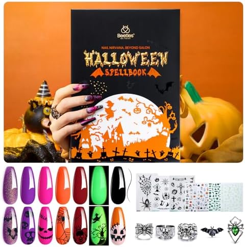 Beetles Gel Nail Polish 6 Colors Halloween Gel Nail Polish Set Witches' Spellbook Collection with Liner Gel Nail Stickers and Rings Shimmer Pink Purple Orange Nail Gel Polish for Party Gift Holiday