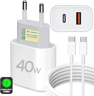 Kit Carregador Super Turbo 40W Porta Dupla (USB-C + USB-A) + Cabo USB Tipo-C, Compatível com Todos Dispositivos, Celulares...