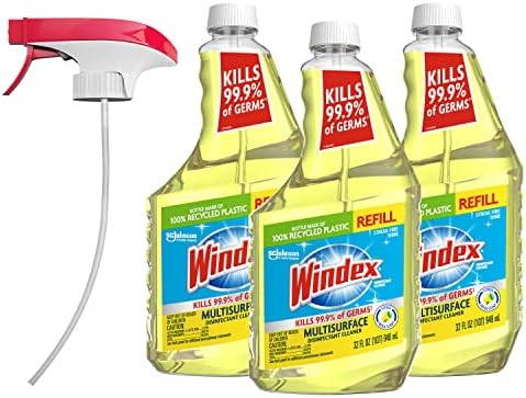 Windex Disinfectant Cleaner Multi-Surface Citrus Fresh, Refill Bottle, 32 fl oz, 3 ct, and Reusable Trigger