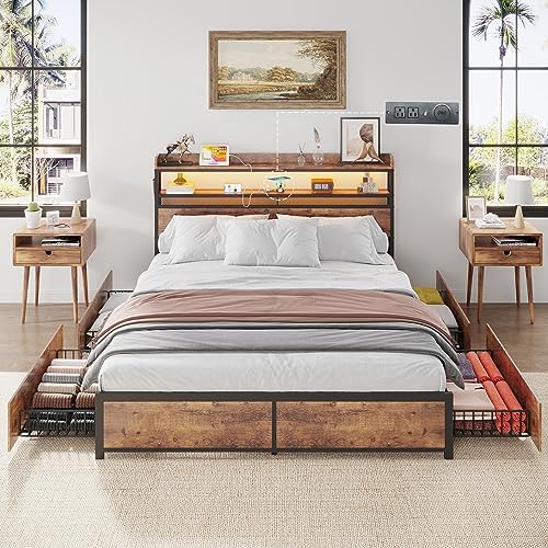 Gyfimoie Queen Bed Frame with 4 Storage Drawers, LED Bed Frame with Wireless Charging & Outlets & USB & Type-C Port, Metal Platform Bed Frame with 2-Tier Storage Headboard, No Box Spring Needed(Queen)