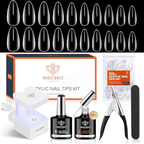 modelones Gel Nail Kit, 500Pcs Soft Gel Nail Tips Medium Almond Shape, 4-in-One Nail Glue Nail Prep Dehydrate & Portable Led Lamp Nail Clipper, Easy Nail Extension Set for Easter Nail Art