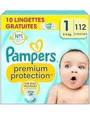 Pampers Premium Protection Taille 1, x112 Couches, 2kg-5kg, Double Protection pour la peau et contre les fuites + 10 Lingettes Harmonie Aqua Gratuites