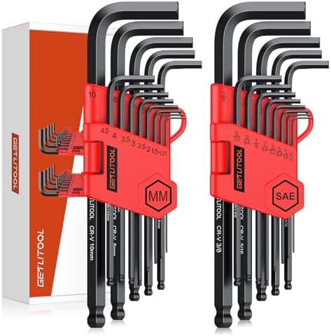 GETLITOOL 26PCS Allen Key Sets, Metric & SAE Long Ball End Allen Wrench Set, Cr-V Hex Key Set with Size-Marked & Storage Bracket for Bicycle Repair, Furniture Assembly, Appliance Repair