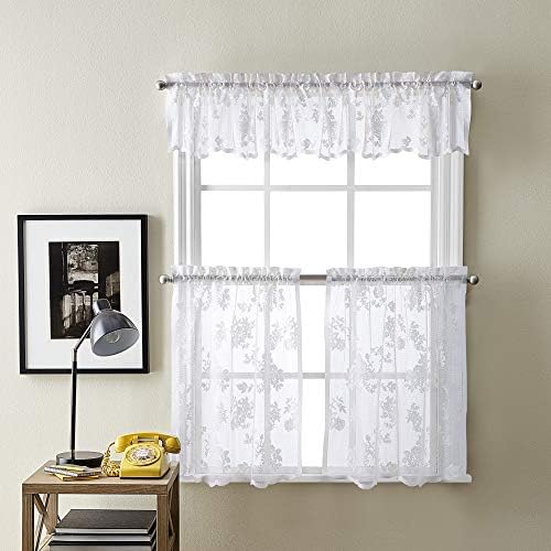 Curtainworks Sibella Lace Kitchen Curtain Window, Rod Pocket, 14 in Valance, White