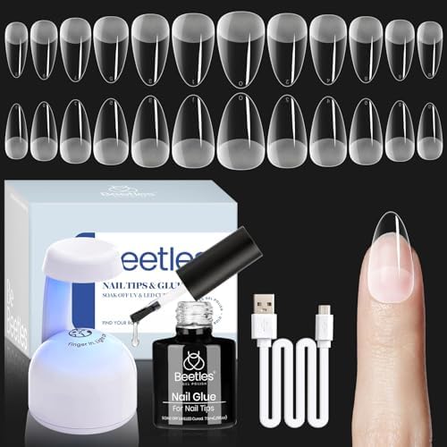 Beetles Gel Nail Kit Almond: 504Pcs Beetles Gel Nail Kit Easy Nail Extension Set Etch X Nail Tips Short Almond Half Matte Nail Tips 5 in 1 Nail Glue Uv Led Nail Lamp DIY