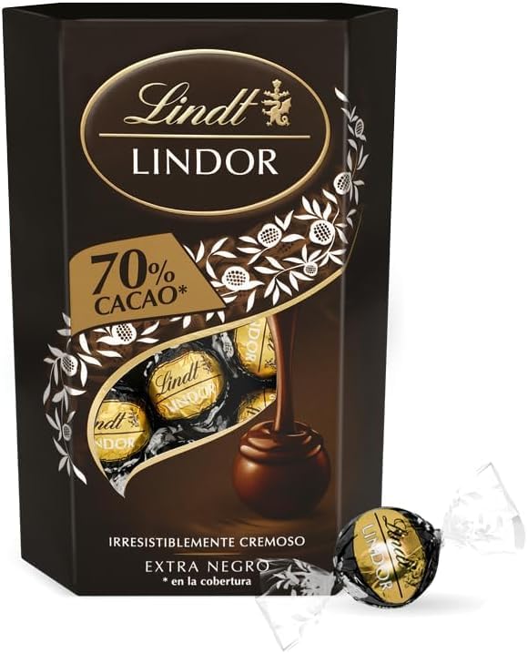 Lindt bombones LINDOR CORNET chocolate negro al 70% de cacao, delicioso bombón con interior de chocolate cremoso, 200 g, apro