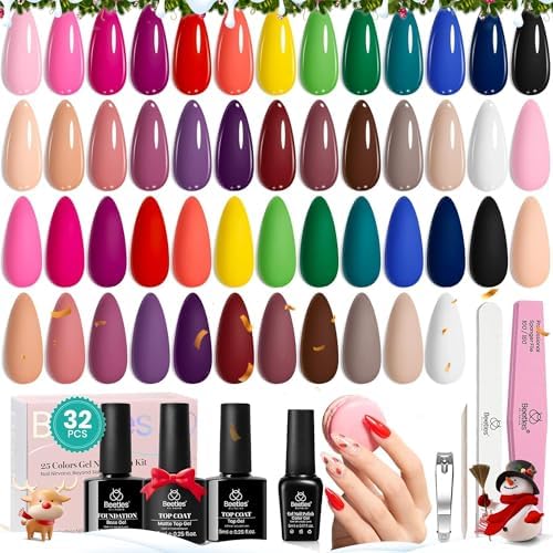 Beetles Gel Nail Polish 25 Colors Gel Polish Set Nude Blue Pink Red Gel Polish Chic Outfits Collection with 3Pcs Base Top Coat Gel Winter Christmas Manicure Kit Salon DIY Home Gift for Women Girls