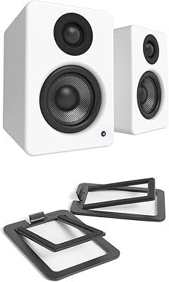 Kanto YU2 PC Gaming Desktop Speakers | 3" Composite Drivers | 3/4" Silk Dome Tweeter | Class D Amplifier | Pair | Matte White with a Kanto S2 Angled Desktop Speaker Stands- Black (Pair) (2022)