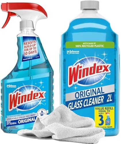 Daley Mint Towel + Windex Glass and Window Cleaner Bundle | Windex Original No Scent Spray Bottle, 23oz + Windex Refill, 67.6oz | Home Window & Glass Cleaners Kit (90.6oz Total)