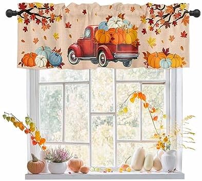 Cortina de cenefas de Acción de Gracias, con ventana de cosecha, calabaza, camión, otoño, cenefas de cocina, bolsillo para barra, hoja de arce, cortinas cortas, decoración de otoño, temporada 1 panel,