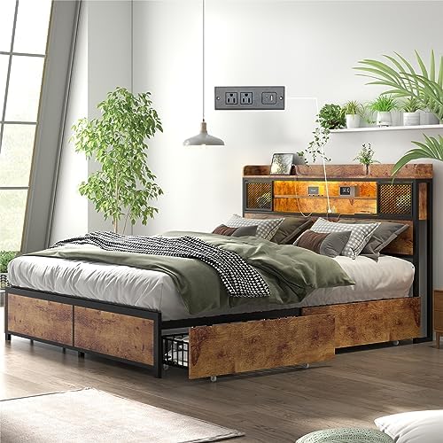 Gyfimoie Queen Bed Frame with 4 Storage Drawers, LED Bed Frame with Outlets and USB Ports, Metal Platform Bed Frame Size with 3-Tier Storage Headboard, No Box Spring Needed