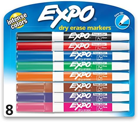 Expo Dry Erase Markers, Whiteboard Markers with Low Odour Ink, Fine Tip, Assorted Vibrant Colours, 8 Count