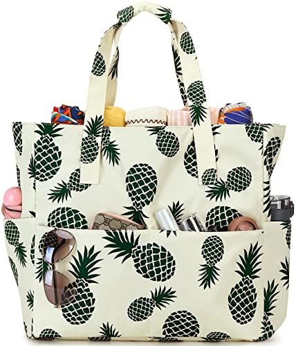 LEDAOU Large Beach Tote Bag Women Waterproof Sandproof Zipper Beach Tote Bag for Pool Gym Grocery Travel with Wet Pocket