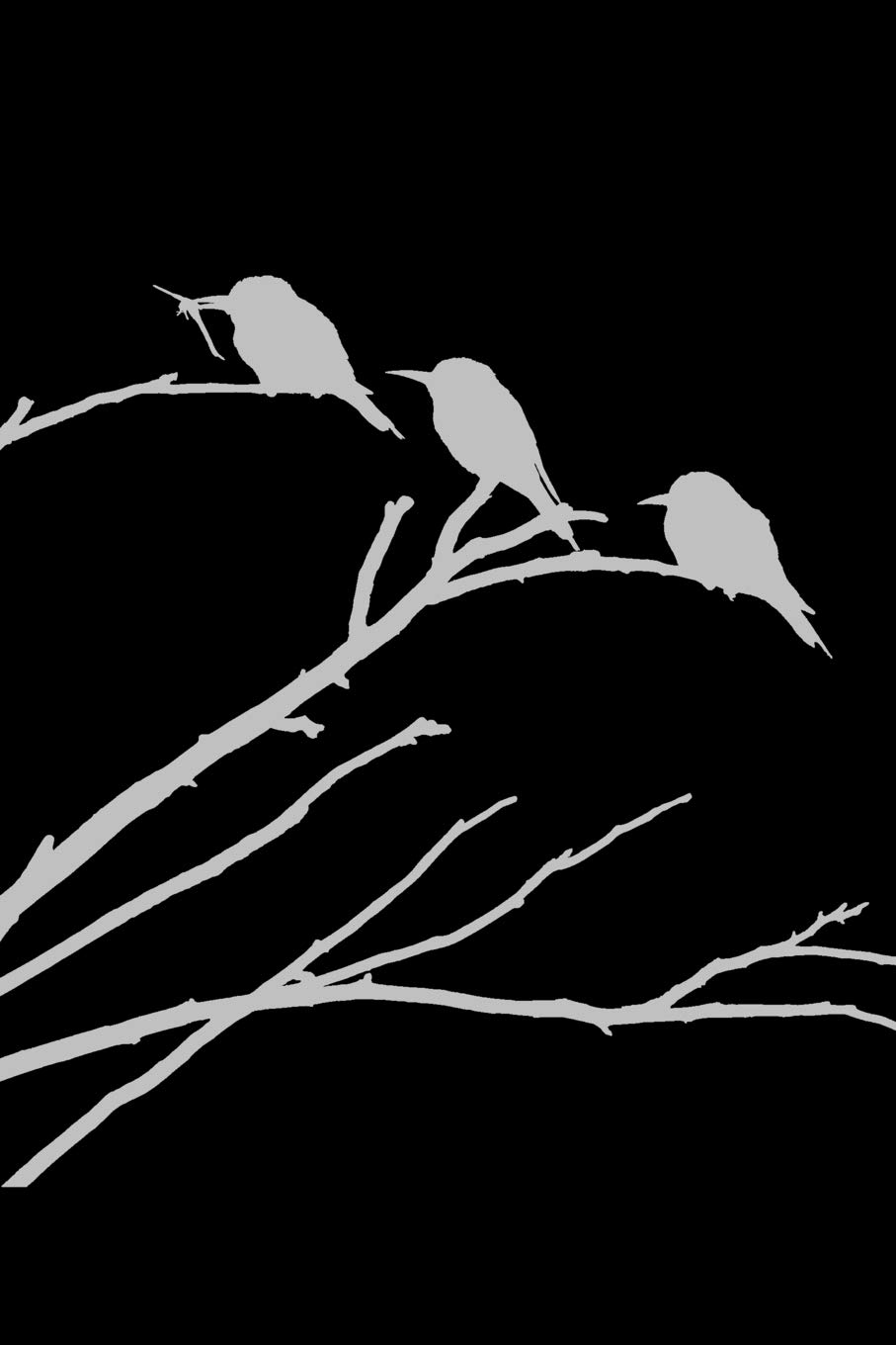 Notebook: three birds on a branch in silver gray with a black background 6