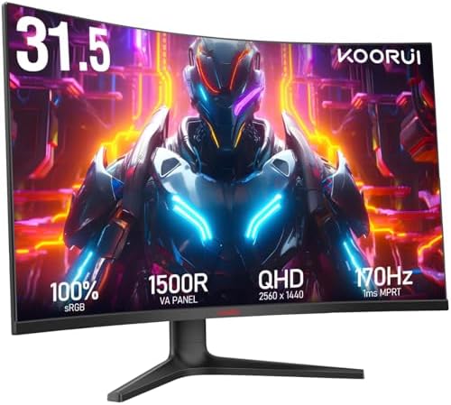 KOORUI 32 inch Curved Gaming Monitor - QHD (2560 x 1440) 2K Display, 170Hz 144Hz Monitor, 1500R Curvature, 1ms, HDR10, Adaptive Sync, Tilt Adjustable, DisplayPort HDMI, Black - GA01