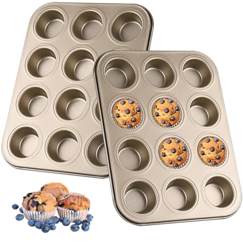 2Pieze Mini Moldes para Muffins,Molde Antiadherente para Hornear Magdalenas,12 Tazas Antiadherentes de Acero Al Carbono para 