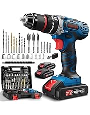 Taladro Percutor a Bateria, 21V Destornillador Electrico, 45Nm Atornillador, 2x2.0Ah Baterías, 25+3 Ajuste Par, 10mm Portabrocas Metálica, 2 Velocidad, 27 Accesorios Cordless Drill, LED Luz